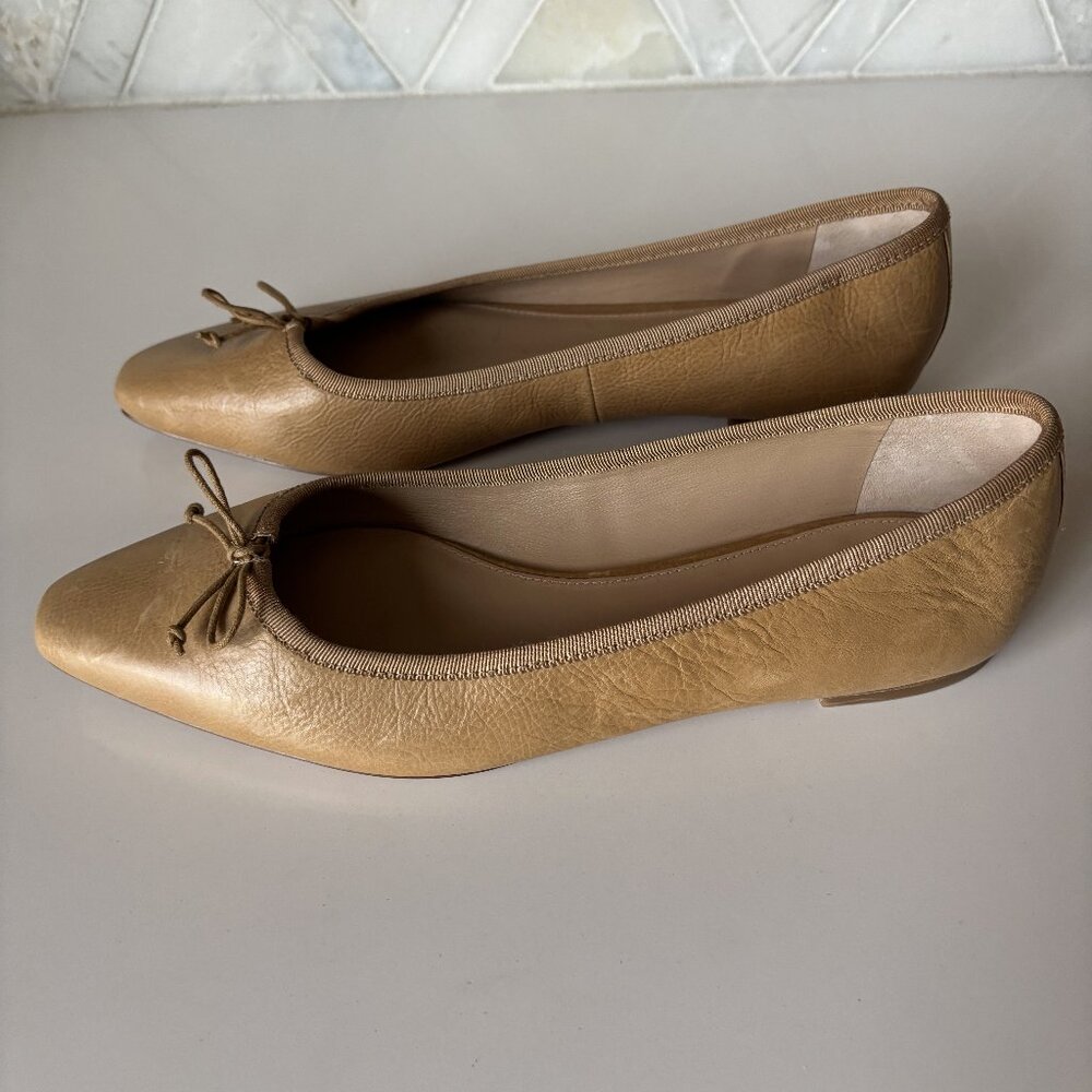 Veronica Beard Size 7 M Catherine Leather Ballet Flat Tan With Bow - Picture 3 of 8